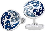 Link Up Round Cufflinks with Blue Enamel Wave Overlay