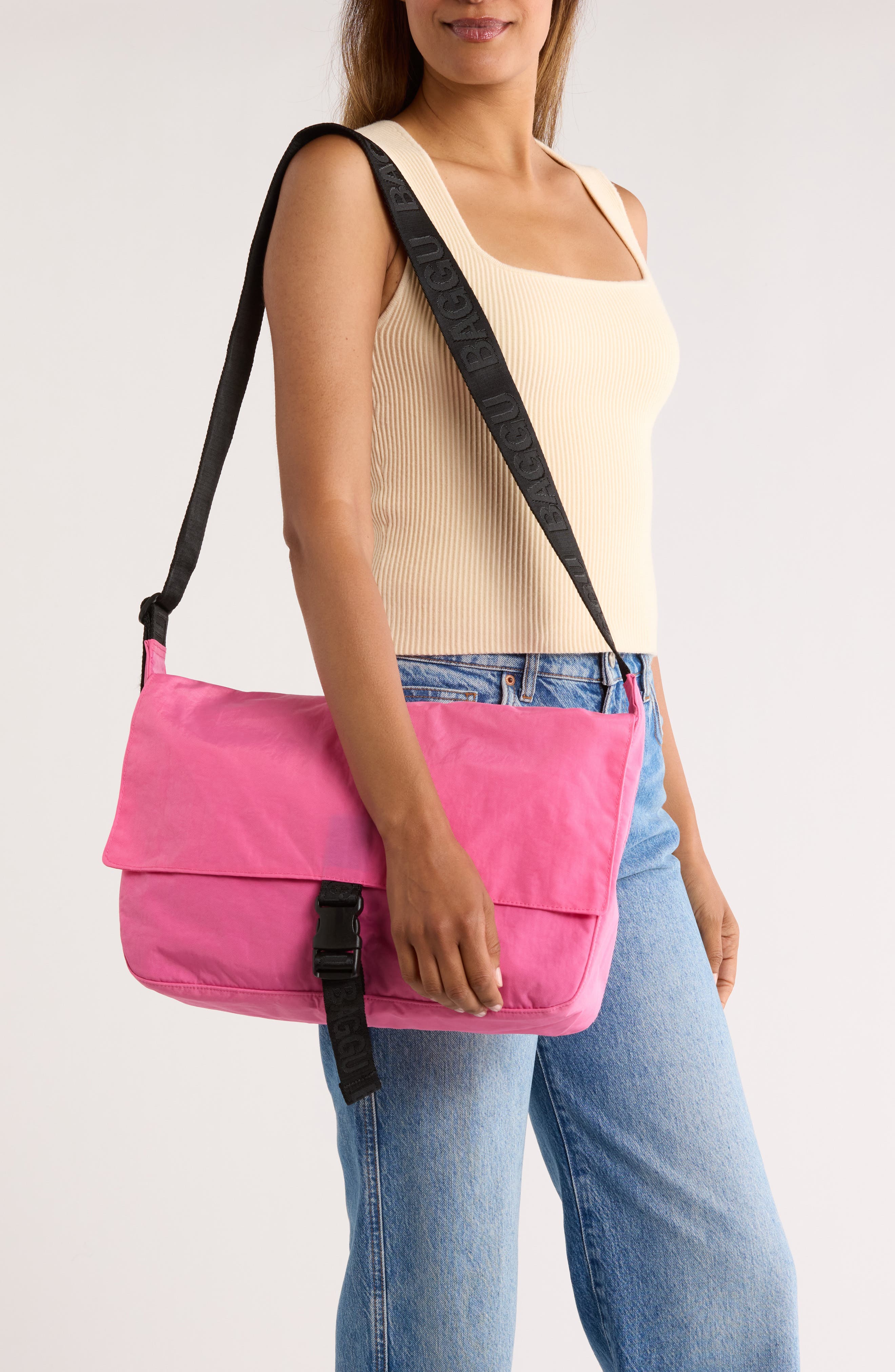Baggu Recycled Nylon Messenger Bag, Alternate, color, Azalea Pink