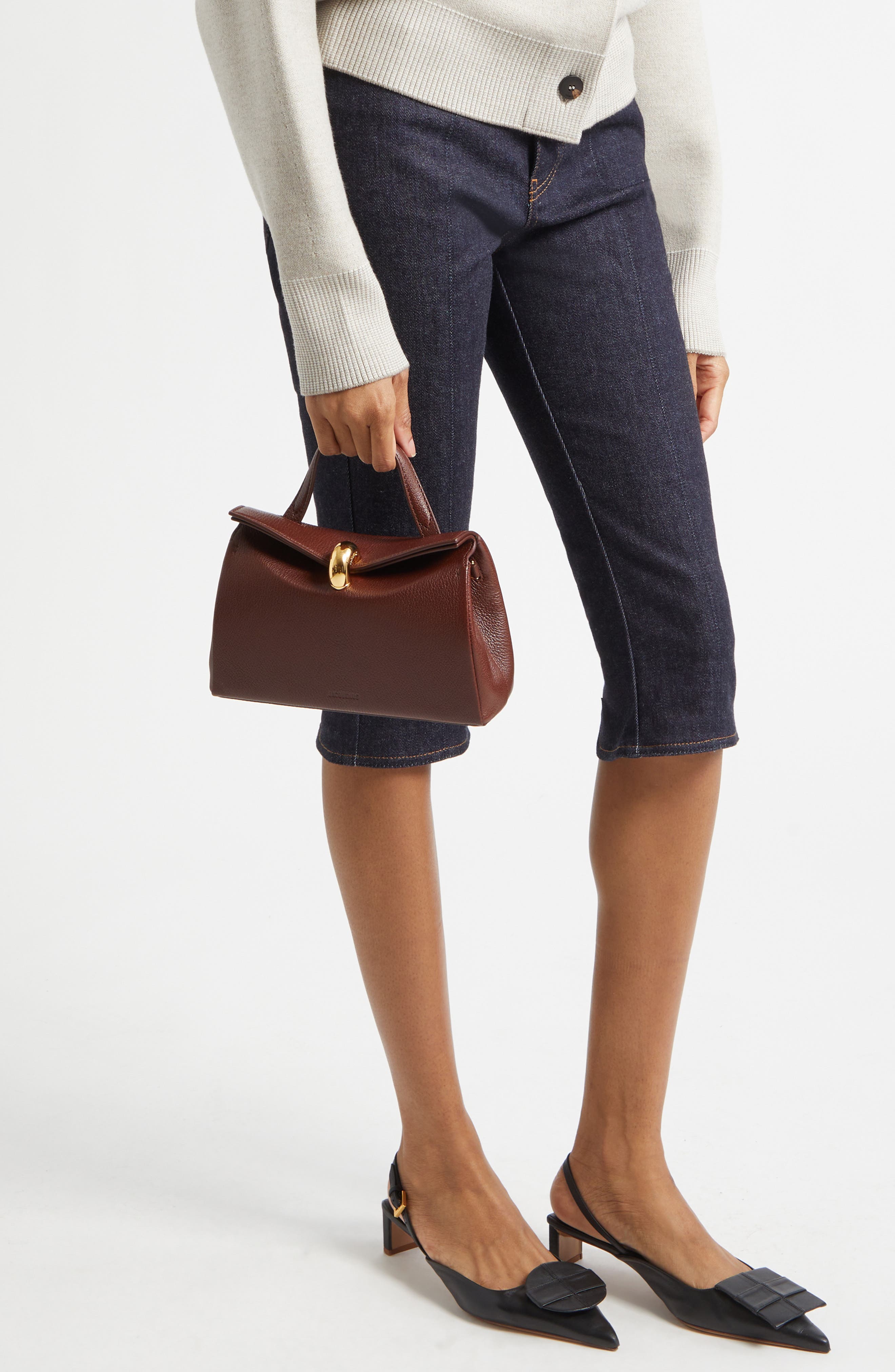 Jacquemus Le Petit Valerie Leather Top Handle Bag, Alternate, color, Brown 850