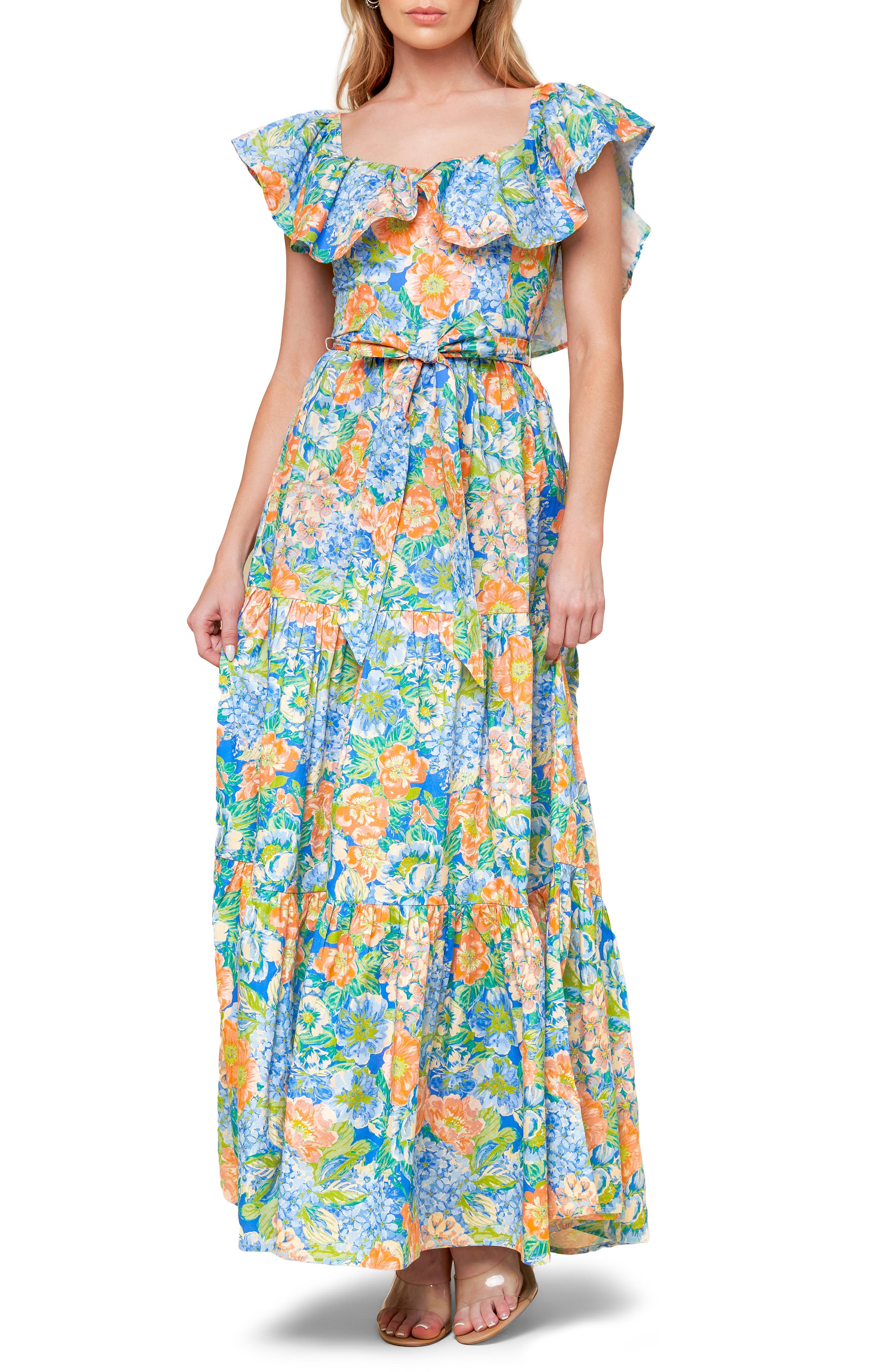 FLYING TOMATO Floral Ruffle Cap Sleeve Cotton Maxi Dress