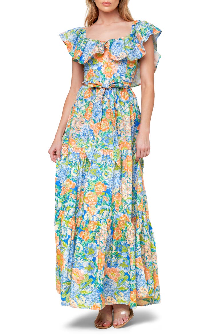 Floral Ruffle Cap Sleeve Cotton Maxi Dress, Main, color, CORAL/ POWDER BLUE