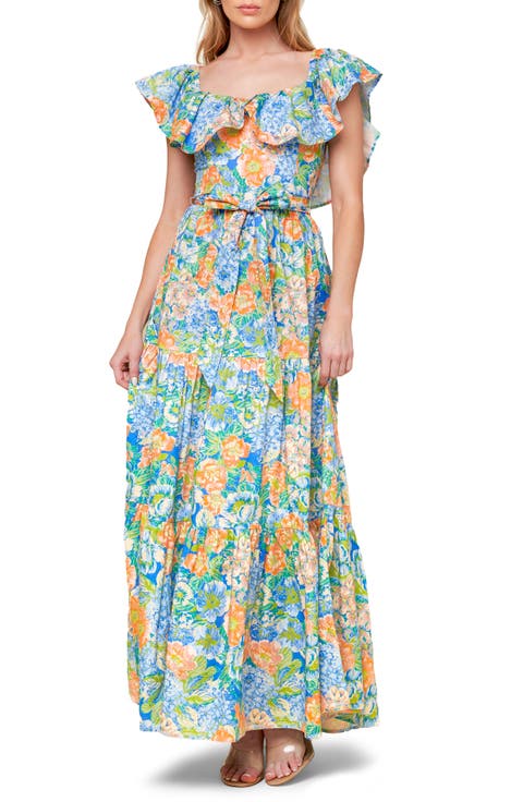 Floral Ruffle Cap Sleeve Cotton Maxi Dress