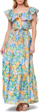 FLYING TOMATO Floral Ruffle Cap Sleeve Cotton Maxi Dress