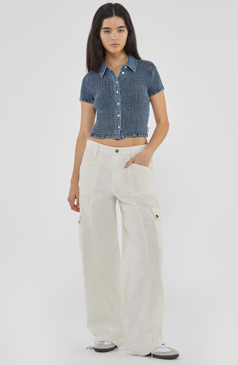 GUESS Smocked Short Sleeve Denim Button-Up Shirt, Alternate, color, 