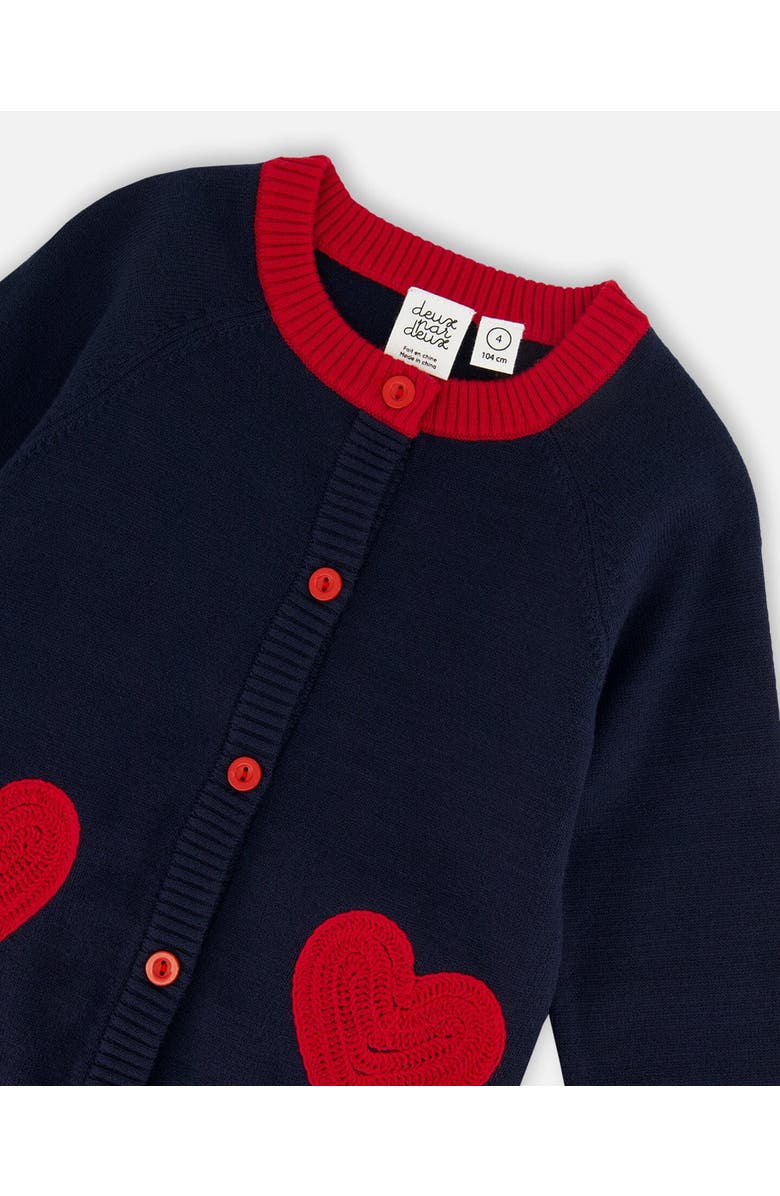 Deux par Deux Knitted Cardigan with Red Embroidered Hearts, Alternate, color, Navy Blue