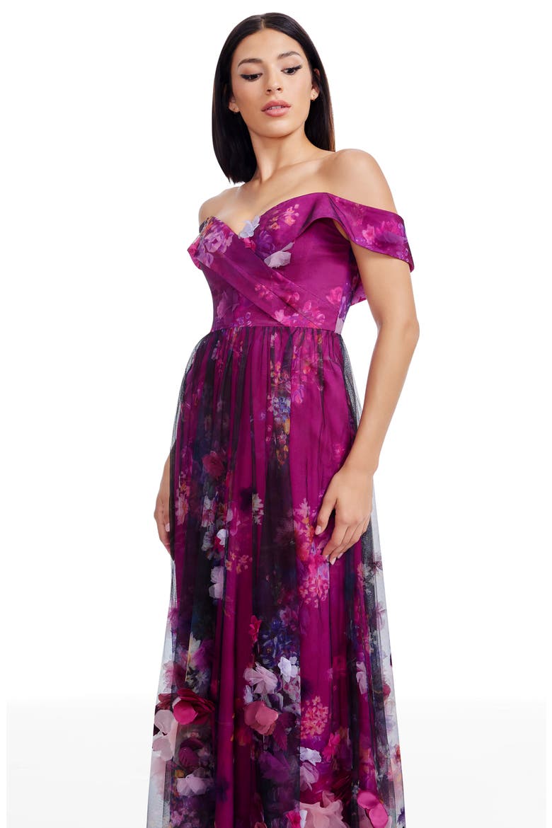 Aurea Floral Print Off the Shoulder Gown, Alternate, color, DARK MAGENTA MULTI