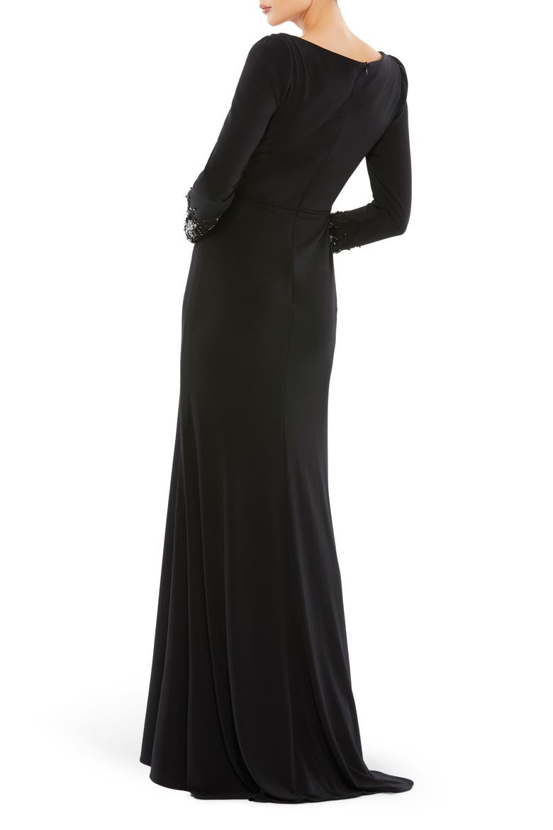Beaded Cuff Long Sleeve Wrap Over Trumpet Gown, Alternate, color, BLACK