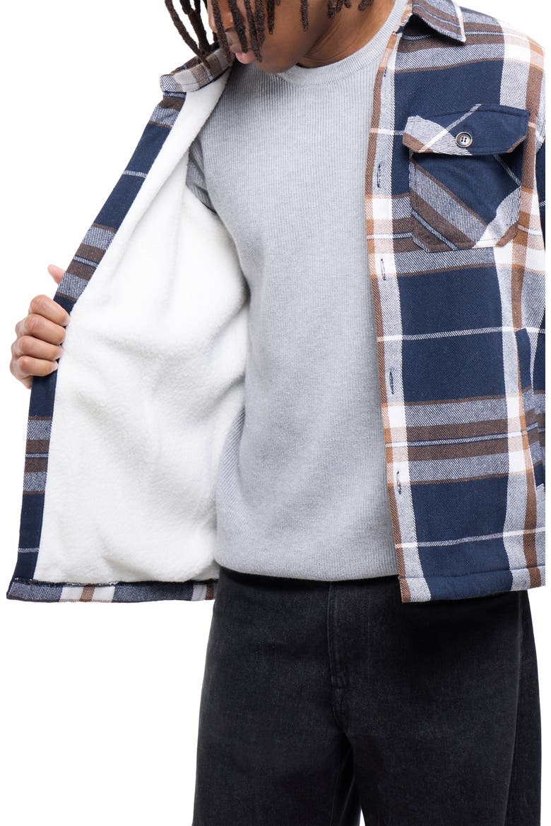 Faux Shearling Lined Flannel Shirt Jacket, Alternate, color, BROWN/ NAVY