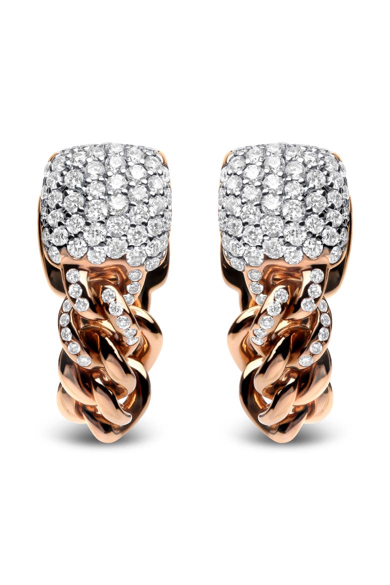 18K Rose Gold 3/4 Cttw Round Diamond Pave Cuban Chain Huggie Earrings, Alternate, color, Pink