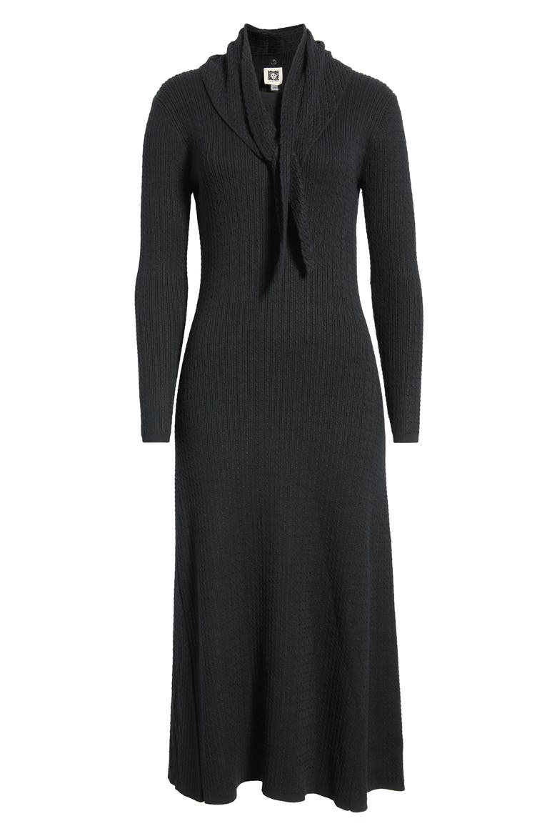 Cable Rib Midi Dress with Neck Scarf, Alternate, color, ANNE BLACK