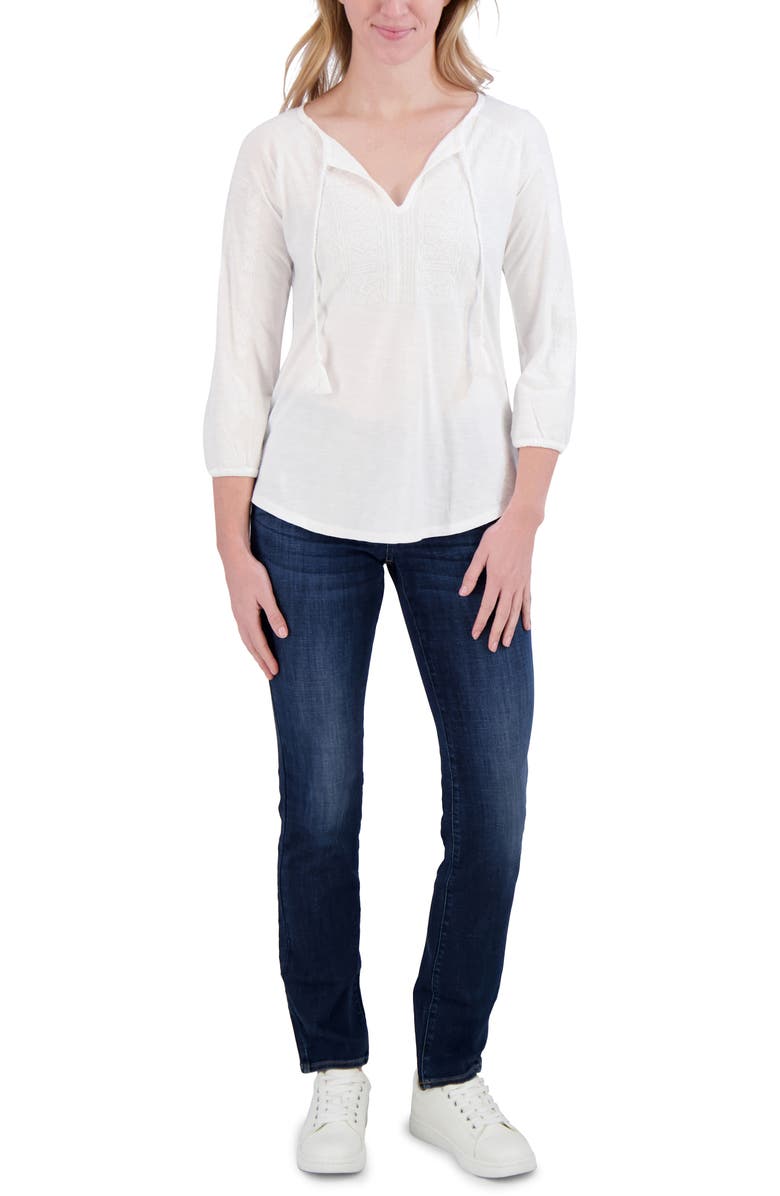 Lucky Brand Tassel Tie Embroidered Cotton Top, Alternate, color, Lucky White