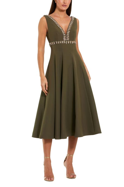 Mac Duggal Rhinestone Embellished Crepe A Line Midi Dress In Green