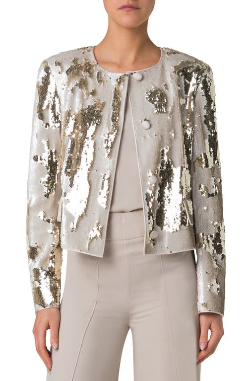 Akris Adriana Flip Sequin Crop Jacket in Greige-Gold 