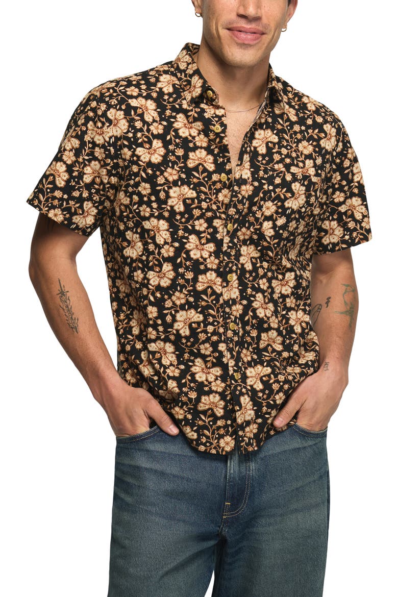 Floral Short Sleeve Cotton Button-Up Shirt, Main, color, BLACK PRINT