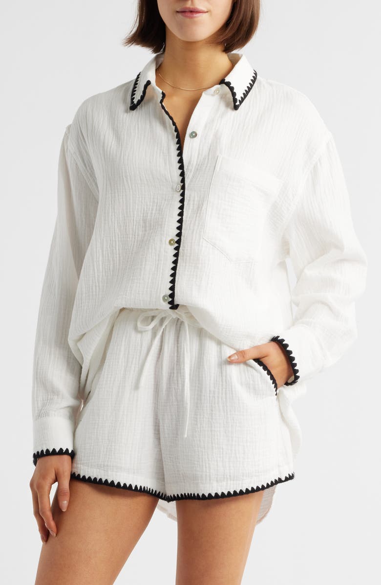 Rails Idania Embroidered Trim Organic Cotton Button-Up Shirt, Alternate, color, Black Blanket Stitch