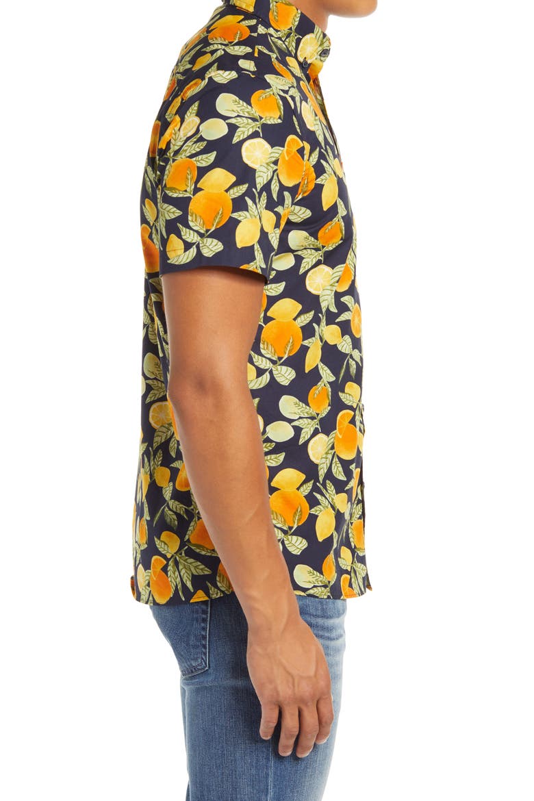 Slim Fit Citrus Print Short Sleeve Button-Down Shirt, Alternate, color, NAVY ORANGE CITRUS LEAVES