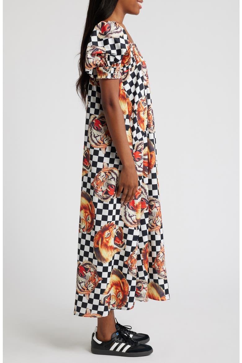 Palm Springs Lion Print Smocked Maxi Dress, Alternate, color, BLACK AND WHITE CHECK