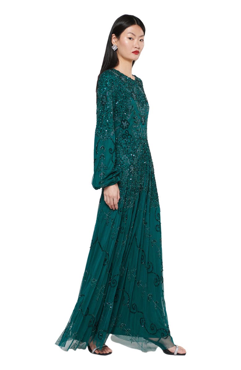 MARYISA Modest Ruffle Dress Maxi With Flowey bottom, Alternate, color, Emerald Green