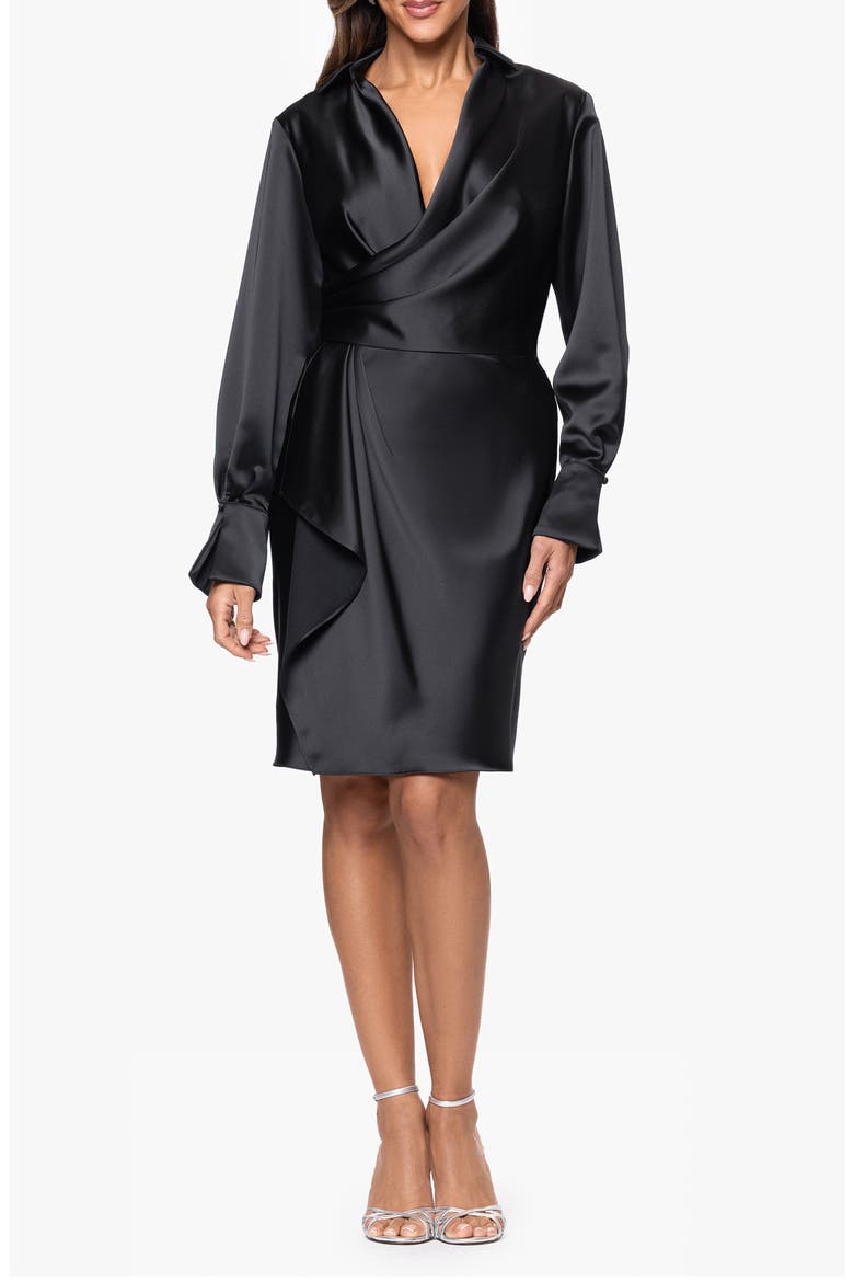 Long Sleeve Satin Wrap Cocktail Dress, Main, color, BLACK