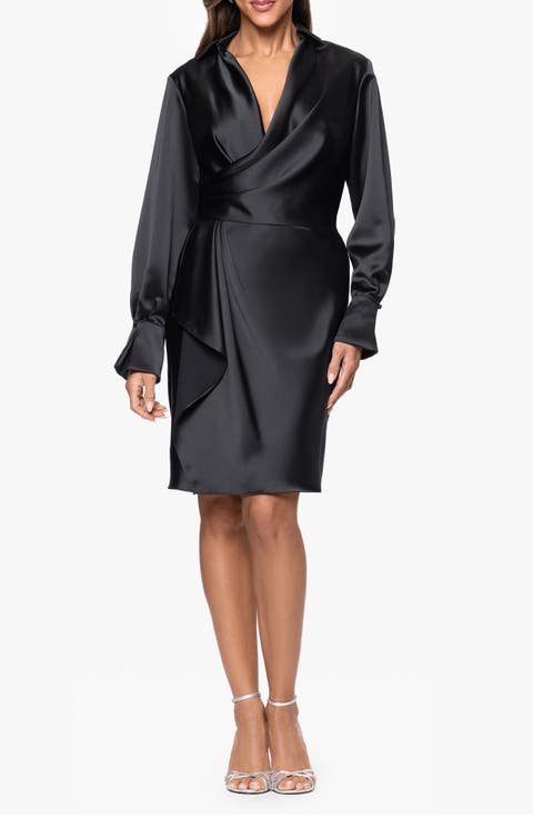 Long Sleeve Satin Wrap Cocktail Dress