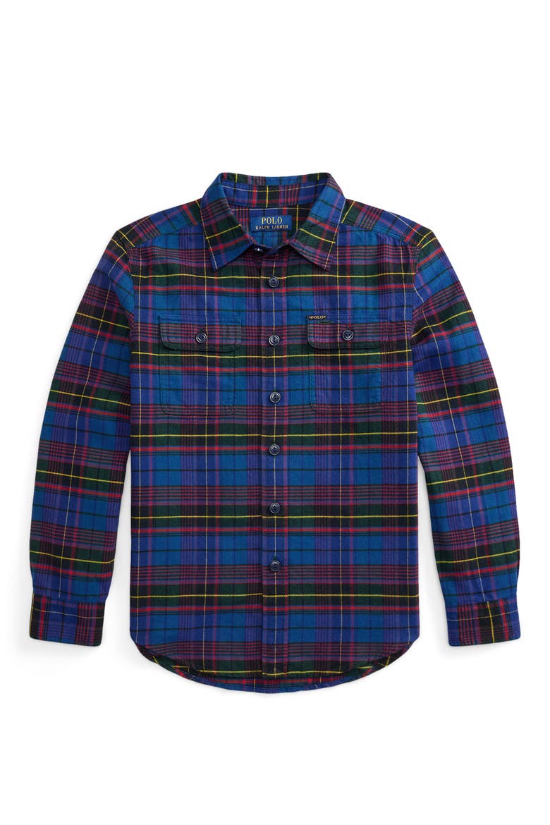 Kids' Plaid Brushed Cotton Oxford Shirt, Main, color, GREEN JEWEL BLUE MULTI