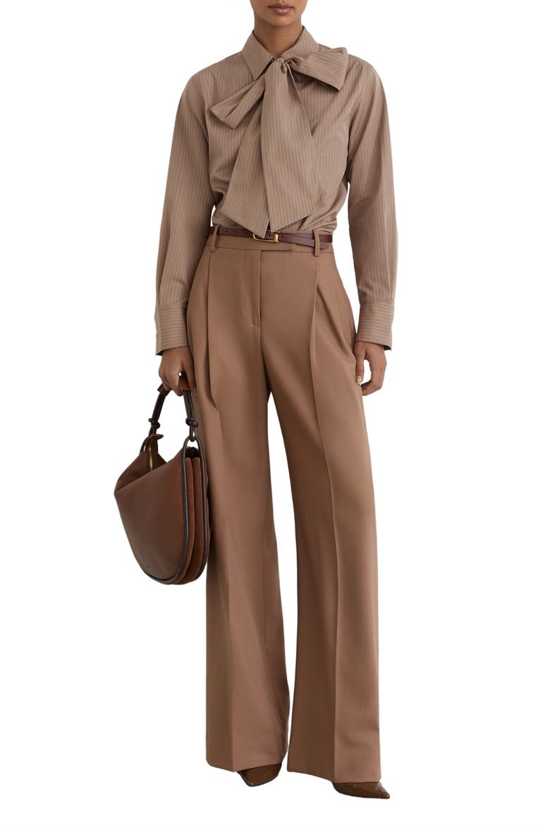 Elowen Pinstripe Tie Neck Shirt, Alternate, color, MOCHA BROWN