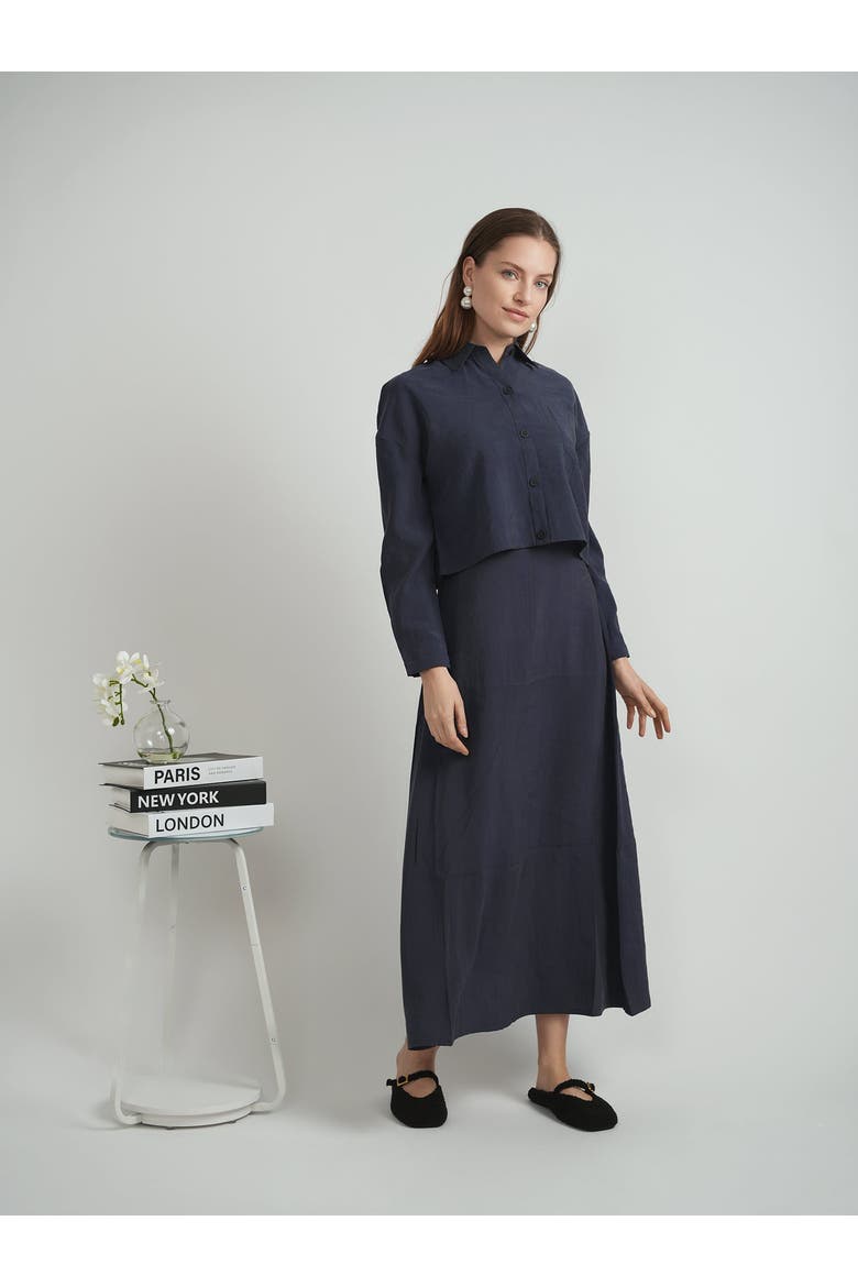 Copper Tencel Cropped Blouse - Collared, Button Front, Alternate, color, Midnight Blue