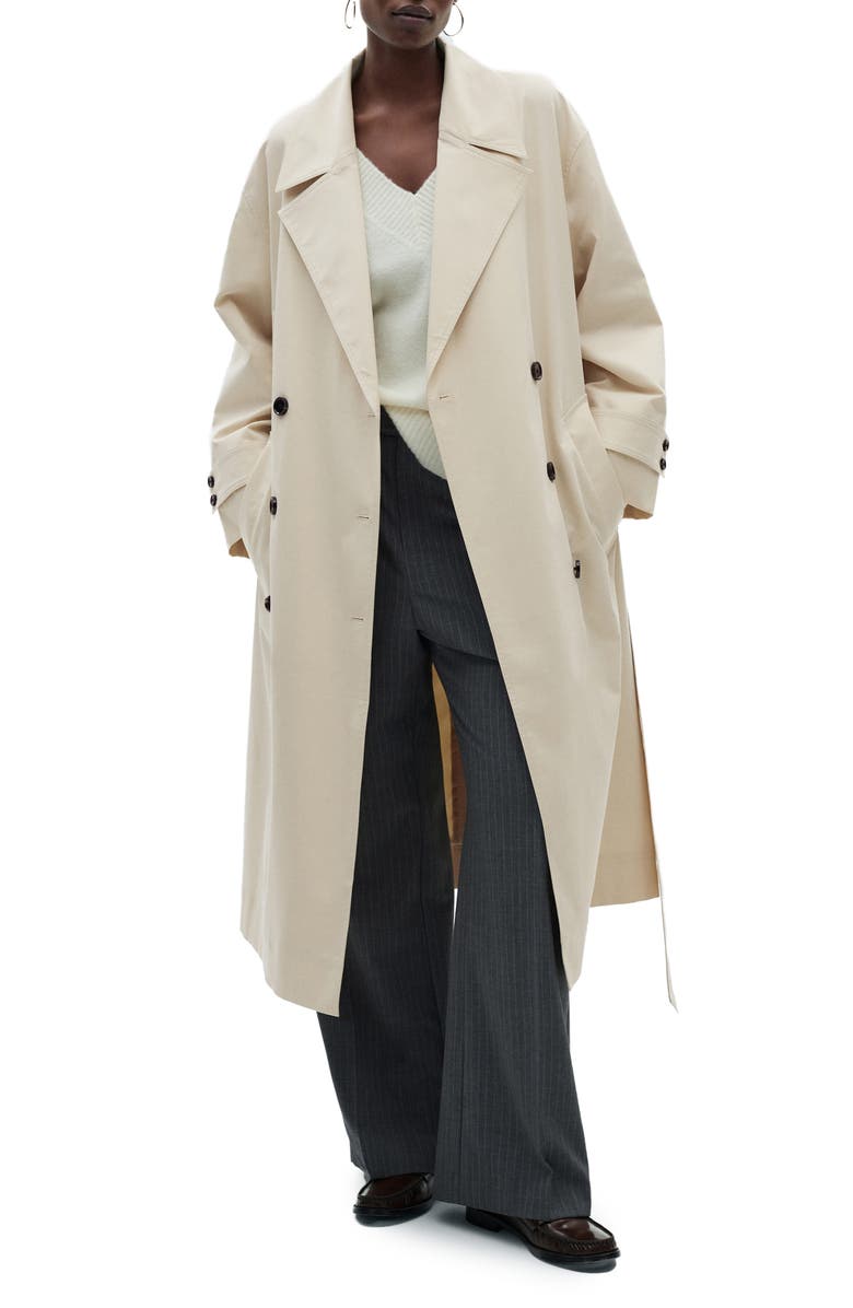 MANGO Oversize Tie Waist Double Breasted Trench Coat, Main, color, Ecru