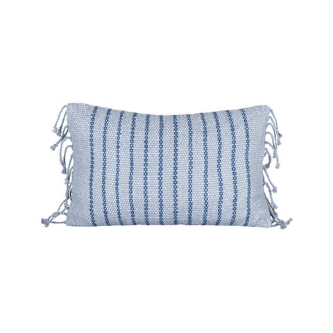 Handwoven Blue Striped Filled Lumbar Pillow, 14" x 22"