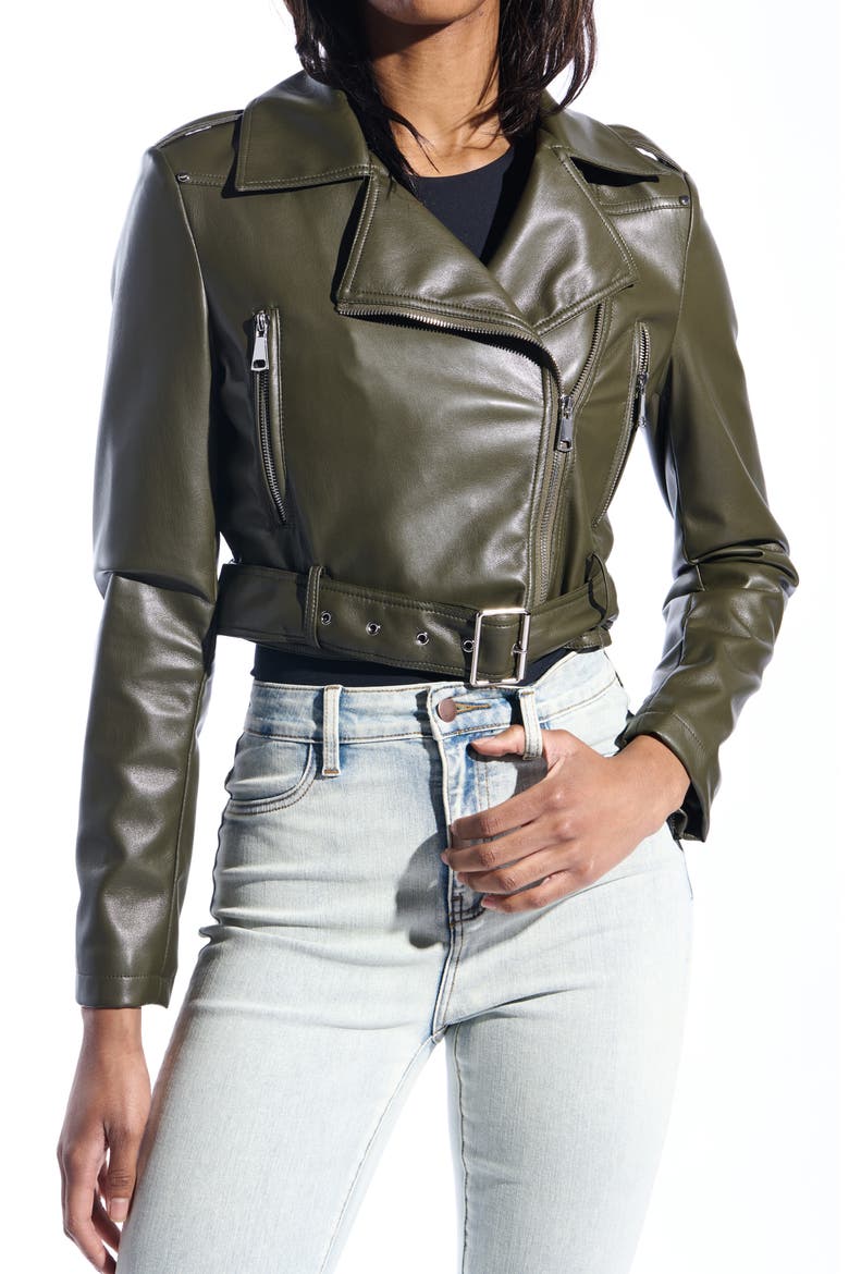 Faux Leather Crop Moto Jacket, Main, color, OLIVE