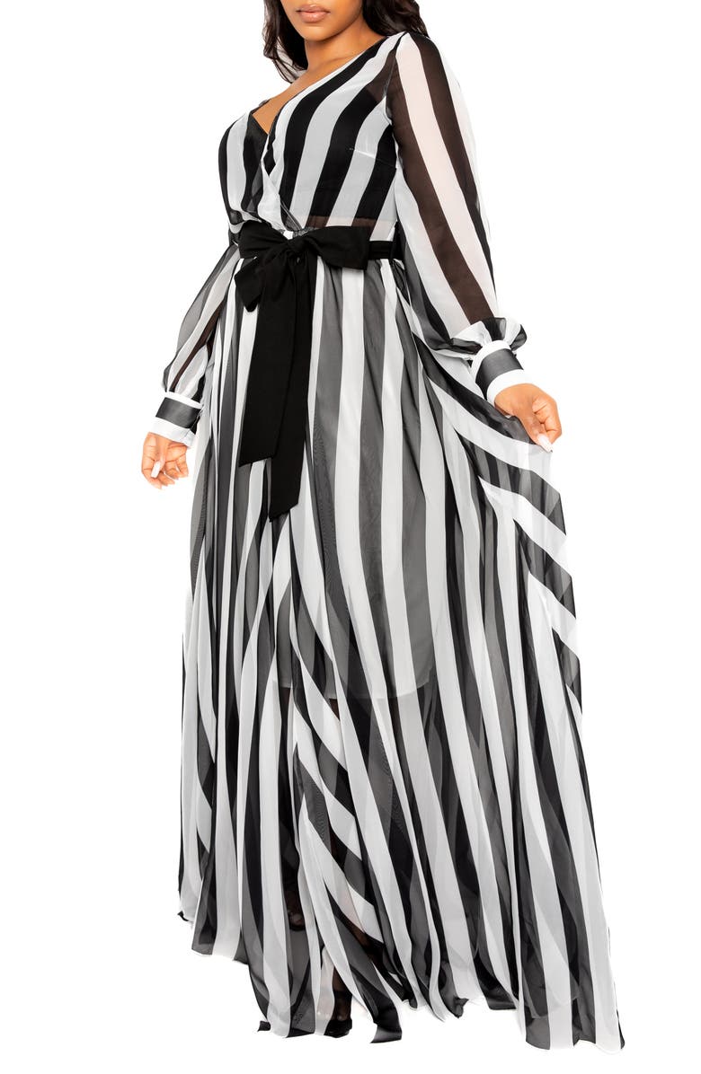 BUXOM COUTURE Stripe Semisheer Tie Belt Foux Wrap Maxi Dress, Alternate, color, Black White
