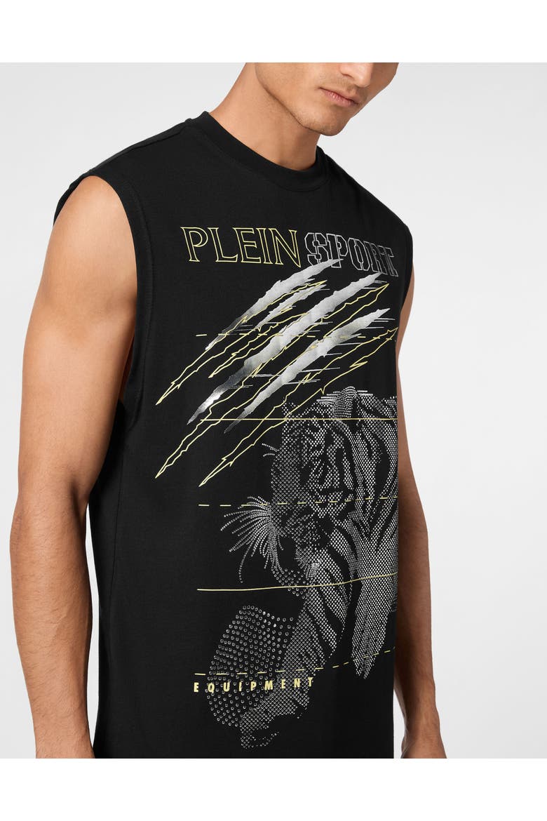 Cotton Dotted T-Shirt Round Neck Sleeveless Lamina Tiger Men, Alternate, color, black/silver