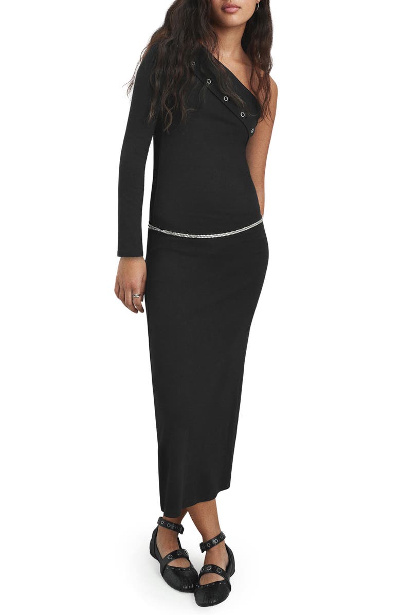 MANGO TEEN Asymmetric One-Shoulder Single Long Sleeve Stretch Cotton Body-Con Dress, Main, color, Black