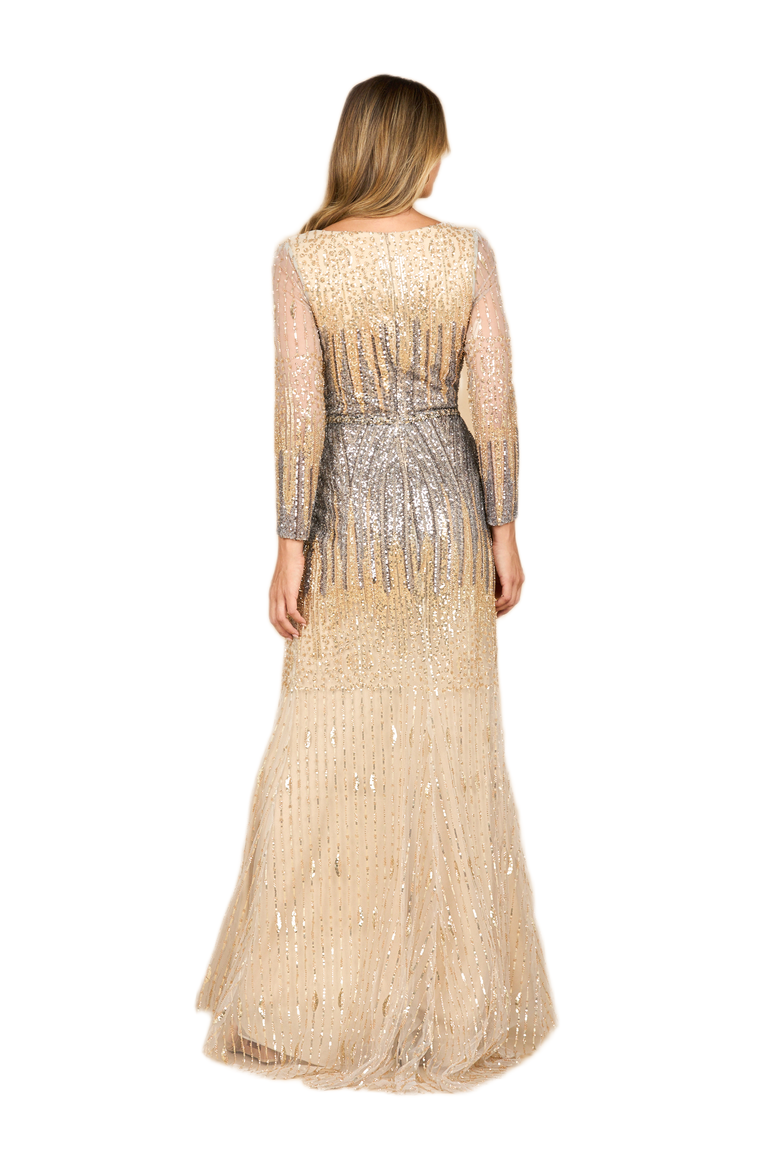 Mermaid, Beaded Long Sleeve Gown, Alternate, color, Gold Gunmetal