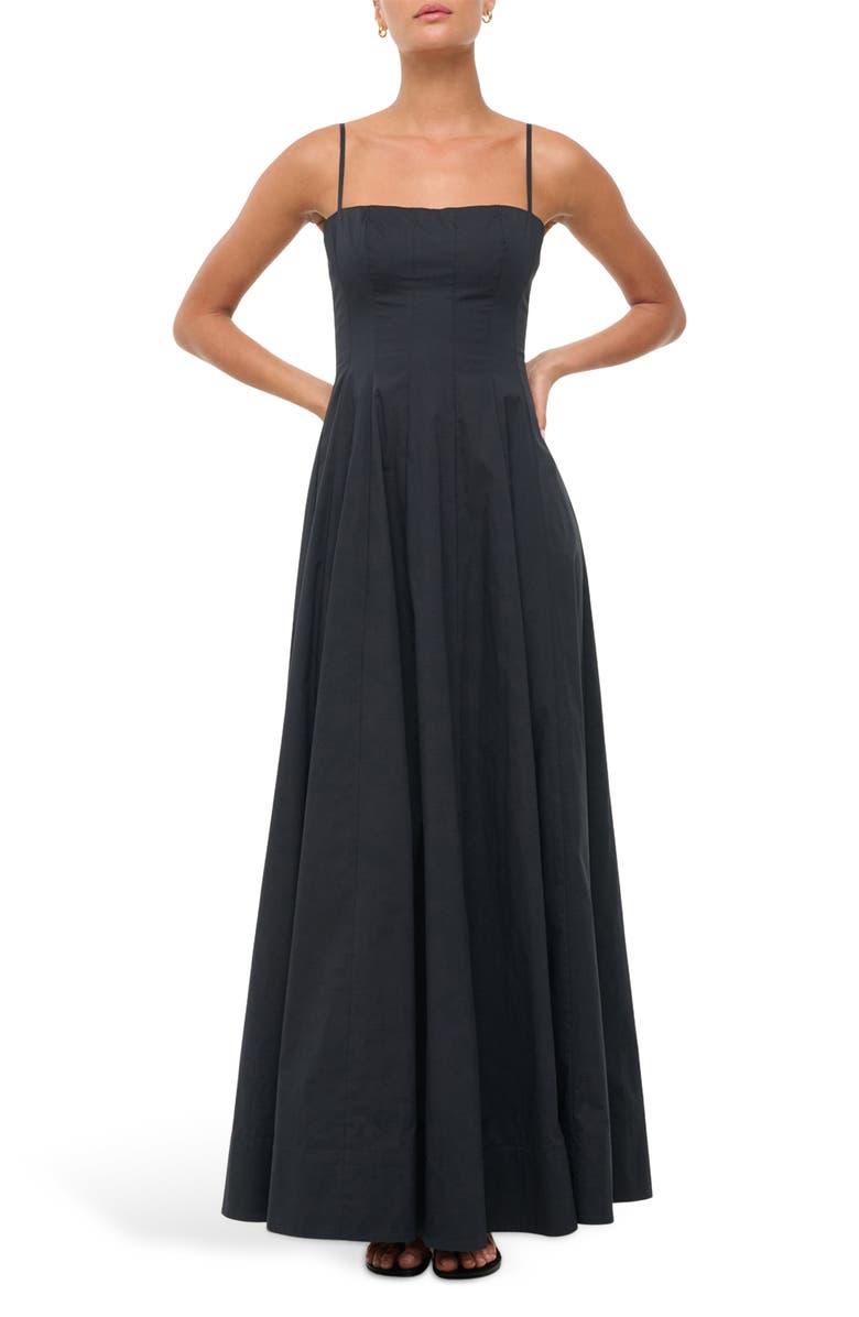 STAUD Wylie Pleated Fit & Flare Maxi Sundress, Main, color, Black