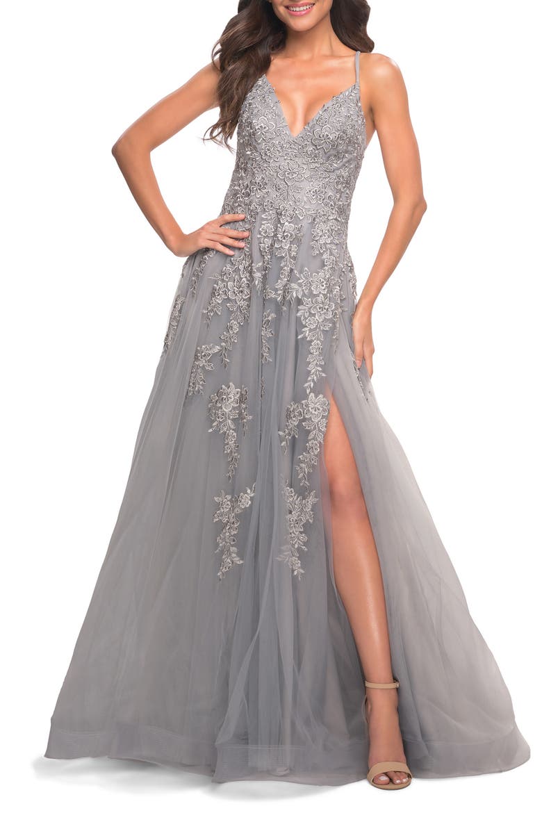 Tulle Prom Dress with Lace Detail in Silver, Alternate, color, SILVER