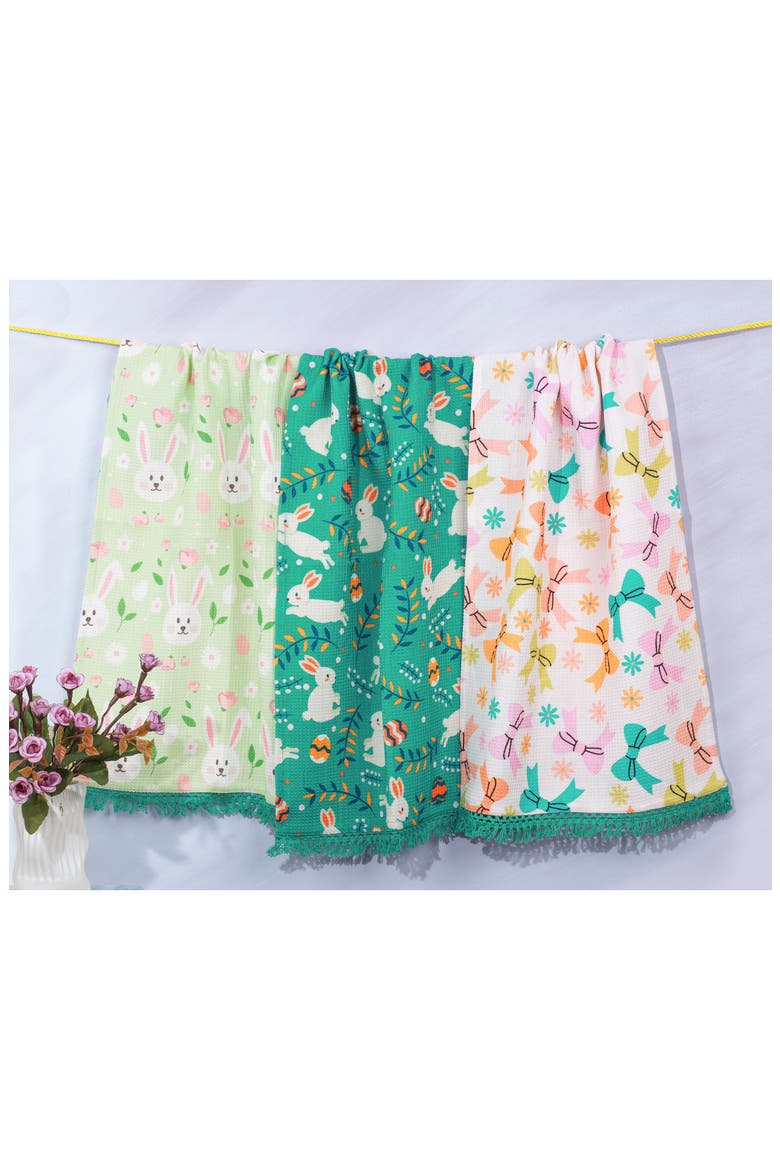 Hoppy Spring Bunny Set of 3 Cotton Kitchen Towels, Alternate, color, GREEN