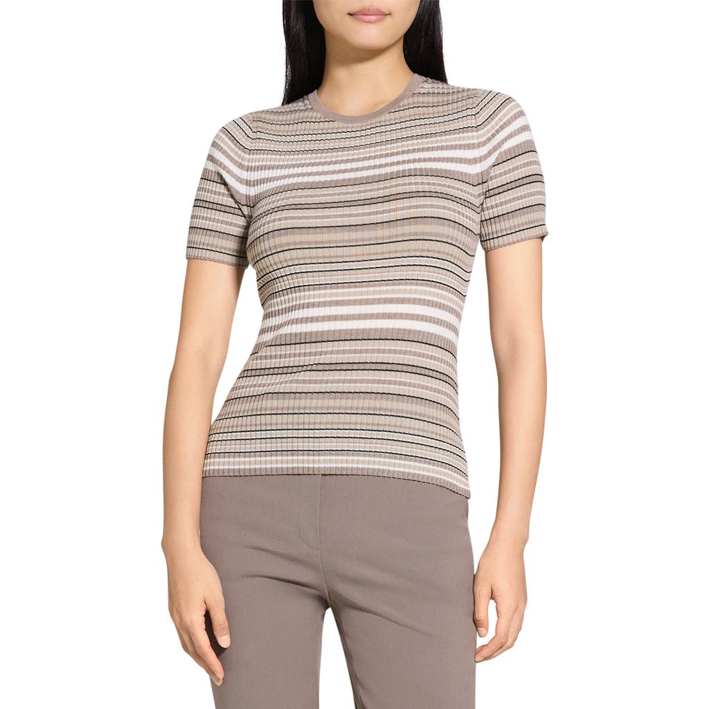 Theory Stripe Merino Wool Rib T-shirt In Light Cinder Multi