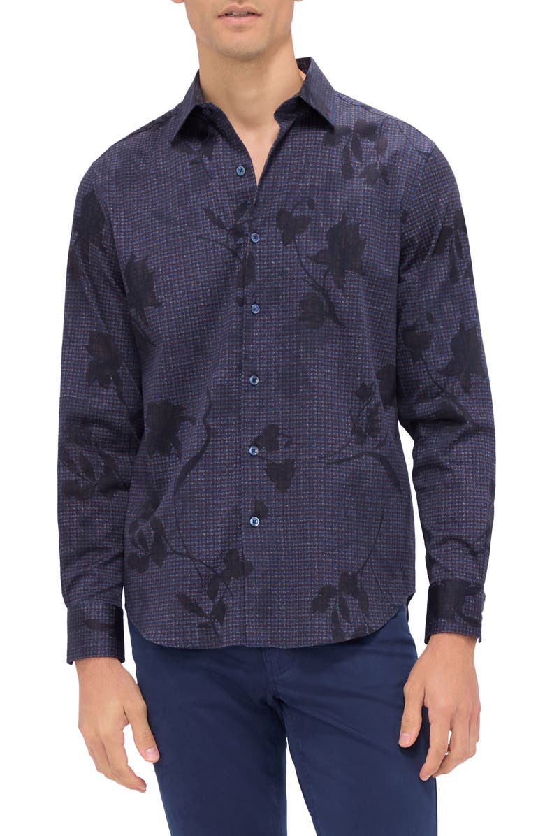 Bugatchi Julian Shaped Fit Leaf Print Lyocell Button-Up Shirt, Main, color, Plum