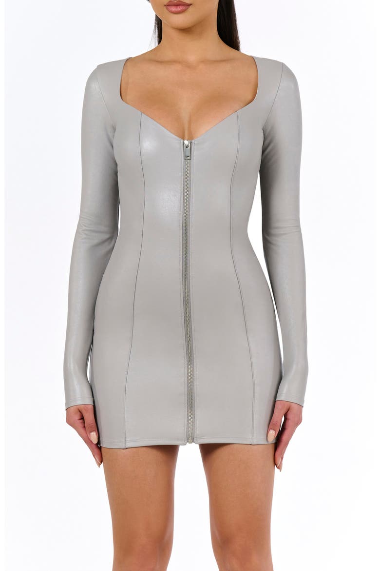 Long Sleeve Zip-Up Faux Leather Minidress, Alternate, color, LIGHT GREY