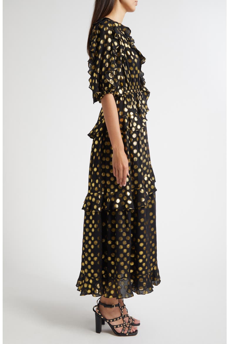 Tida Metallic Dot Silk Blend Dress, Alternate, color, OBSIDIAN