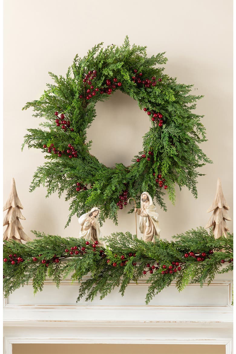 24"D Christmas PE Dripping Wreath with Red Berries, Alternate, color, Green