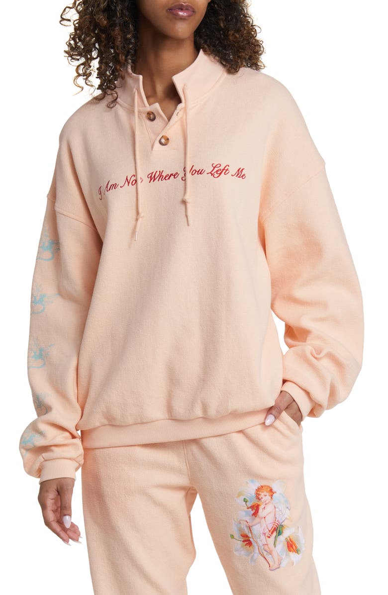 BOYS LIE I Am Not Where You Left Me Embroidered Cotton Interlock Henley Pullover, Main, color,