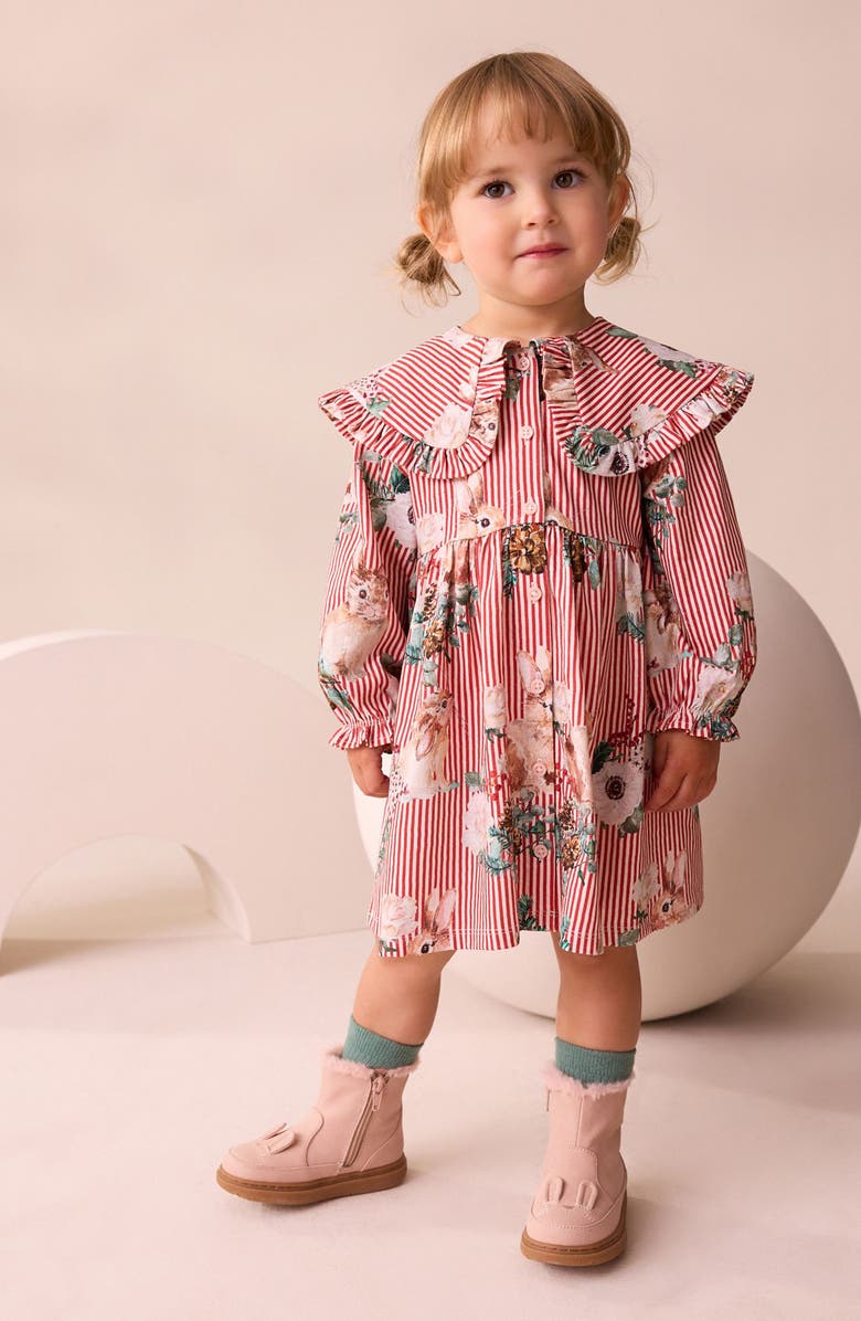 NEXT Kids' Bunny Stripe Long Sleeve Cotton Dress, Alternate, color, Multi