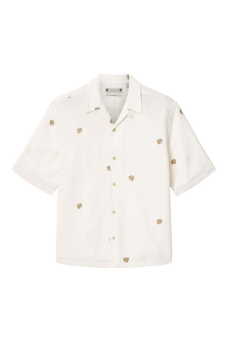 Feline Embroidered Linen & Cotton Camp Shirt, Main, color, ECRU