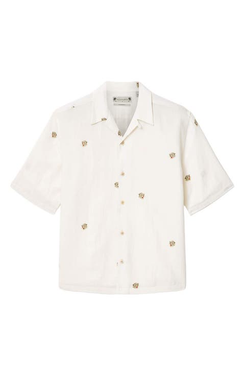Feline Embroidered Linen & Cotton Camp Shirt