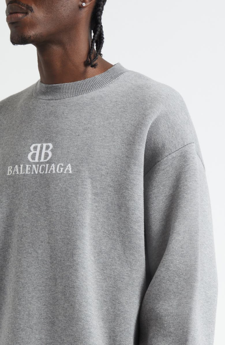 Balenciaga BB Logo Jacquard Crewneck Sweater, Alternate, color, Heather Grey/ White