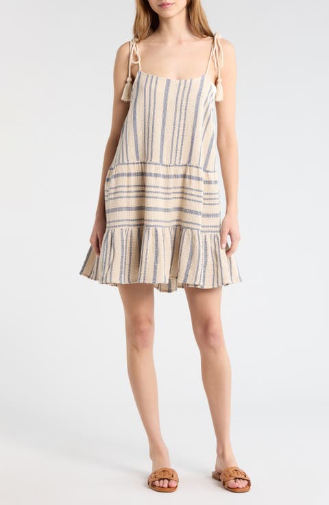 Stripe Tie Shoulder Cotton Cover-Up Dress