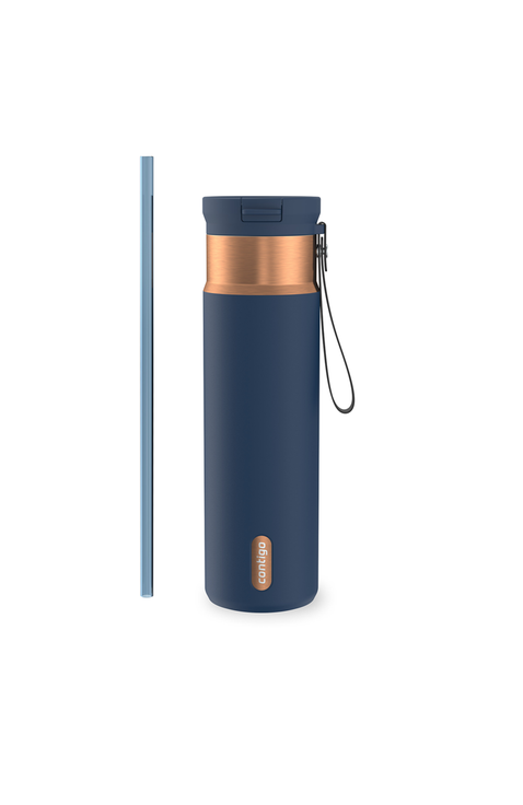 SnapSeal 24 oz Leakproof Stainless Steel Bottle with Carrying Strap and Reusable Straw