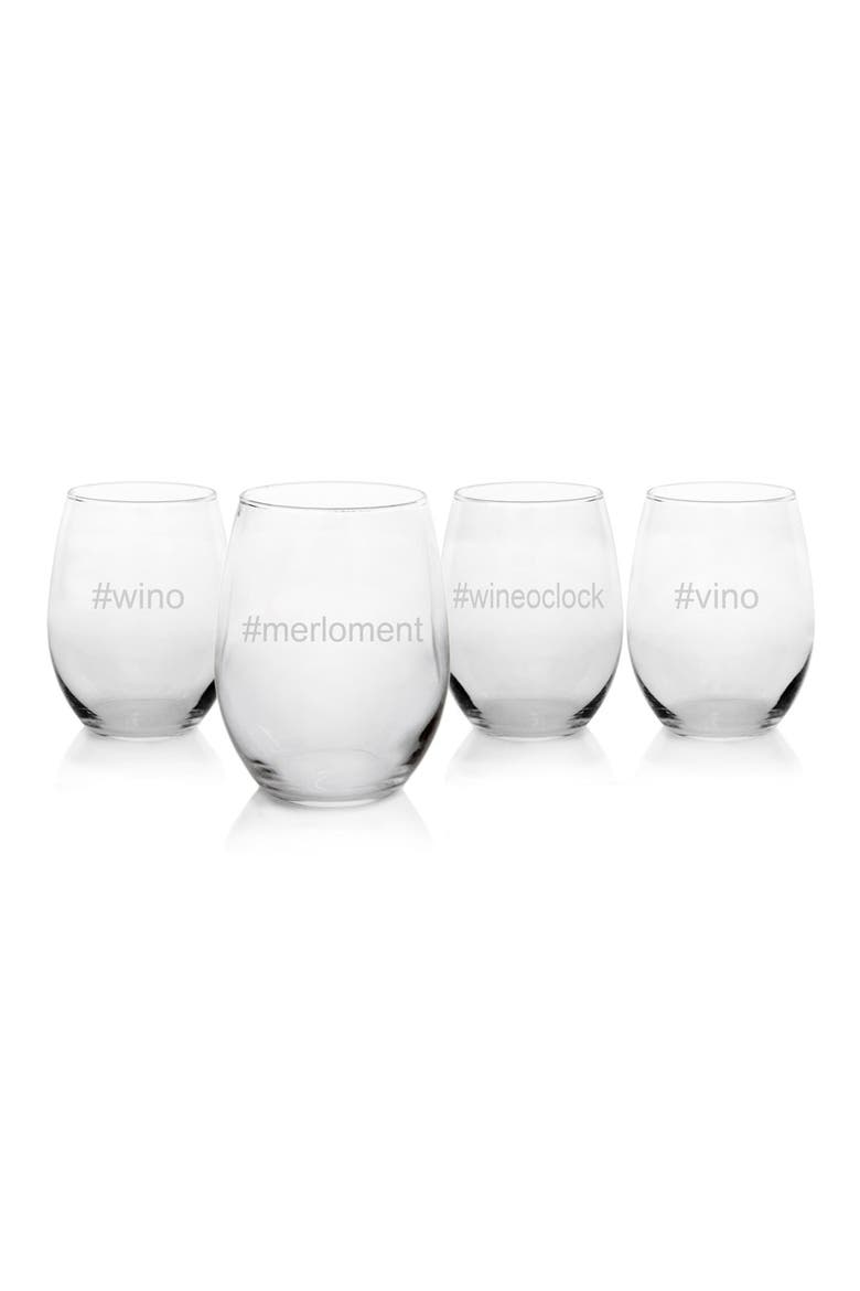 '#wino #merloment #wineoclock #vino' Etched Stemless Wine Glasses, Alternate, color, CLEAR